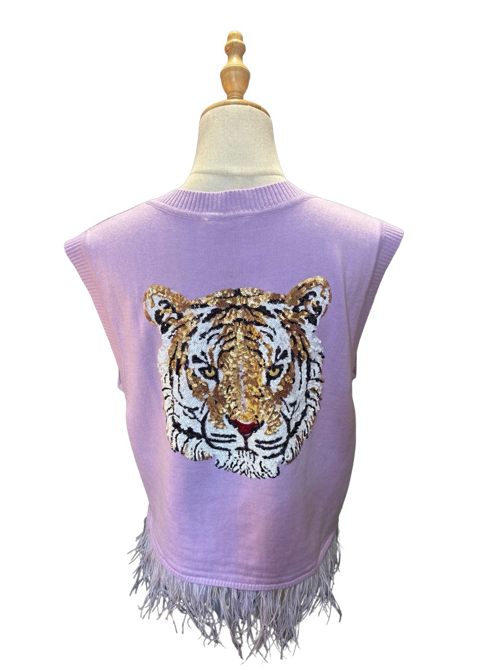 QUEEN OF SPARKLES Lavender V-Neck feather fringe  Sweater Vest TIGER bling